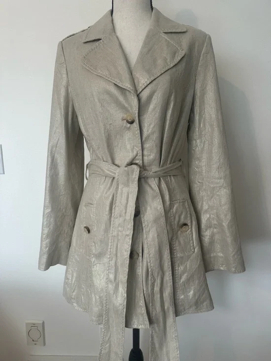 Linen Cotton Blend Metallic Trench Coat Chic Classic Statement Blazer Coat - Picture 2 of 14